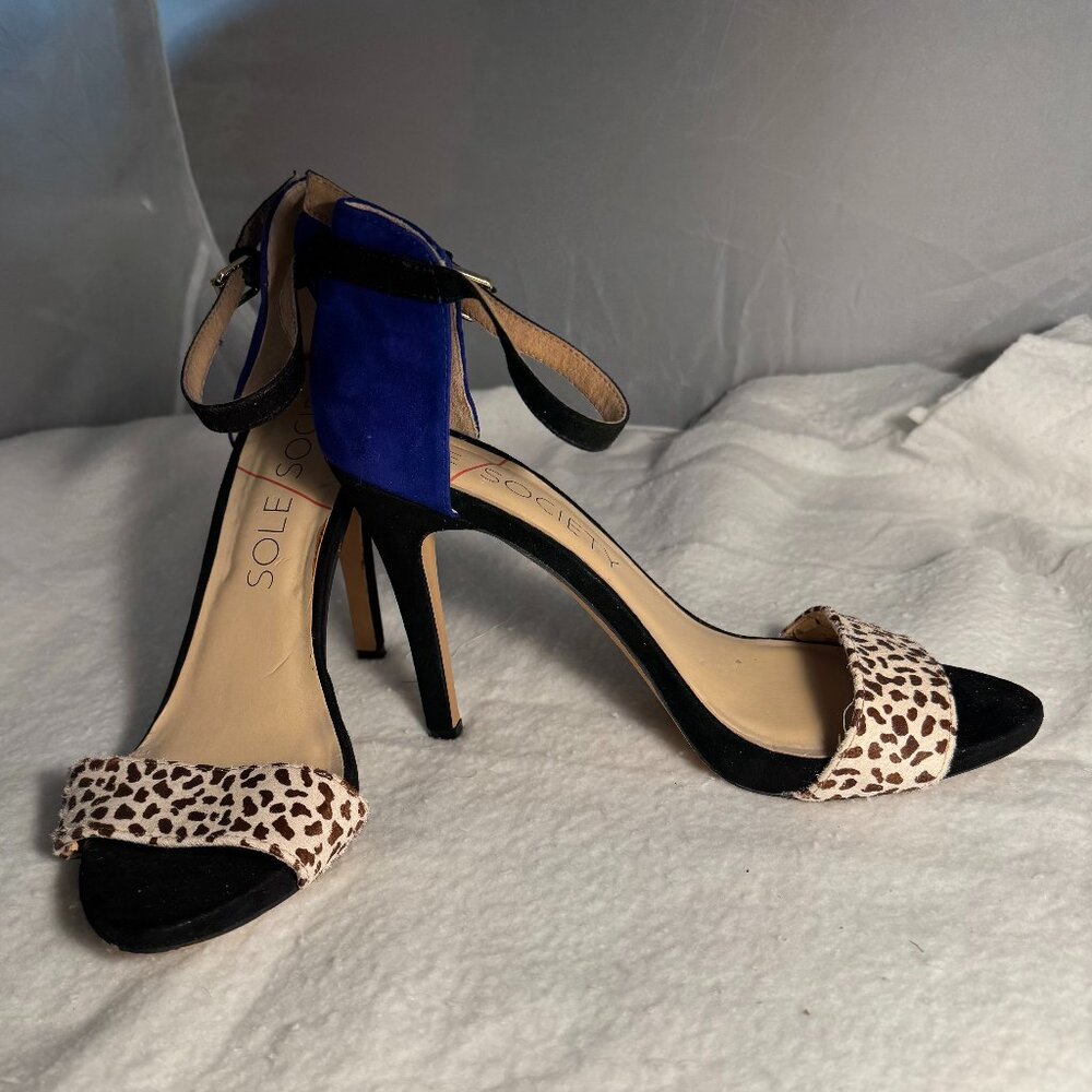 Sole Society - Leather Color Block Open-toe Pumps w/ Ankle Strap - Size 8.5